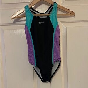 Speedo Girls Racerback Sport Splice One Piece Swimsuit Black/Purple/Mint Medium